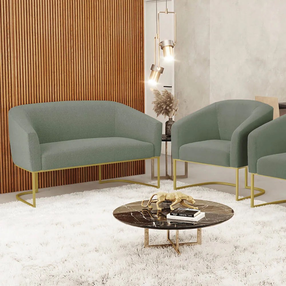 Sofá Namoradeira e Poltrona Industrial Dourado Stella Bouclê D03 - D'Rossi - Verde Pistache
