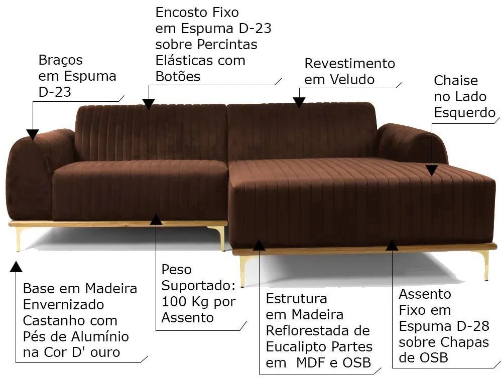 Sofá 3 Lugares Bipartido com Chaise Lado Esquerdo Base de Madeira Euro 230 cm Veludo Marrom G15 - Gran Belo