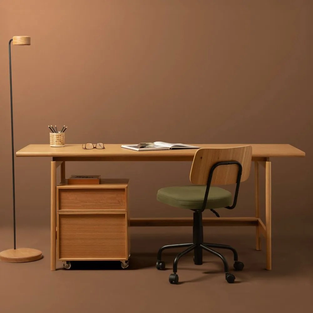 Conjunto Office - Escrivaninha Nori Natural 1,85m + Gaveteiro 45cm + Cadeira de Escritório Cult Freijó e Verde Musgo