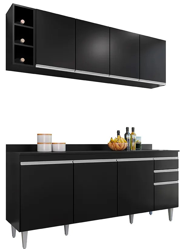 Conjunto Balcão de Cozinha com Tampo Apex Armário Aéreo MDP/BP Preto G96 - Gran Belo