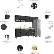 Armário de Cozinha CP03 Com Pia 180cm Pérola Z34 Preto      - Mpozenat