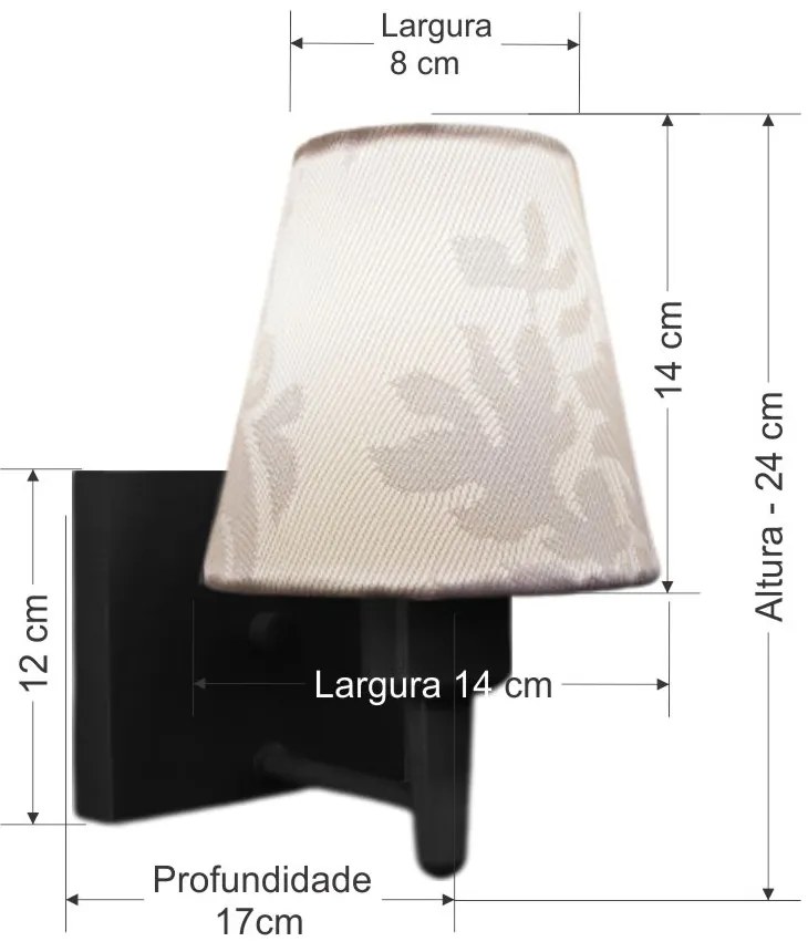 Arandela Quadrada Md-2034 Preto Cúpula em Tecido Cone Renda Branco - Bivolt