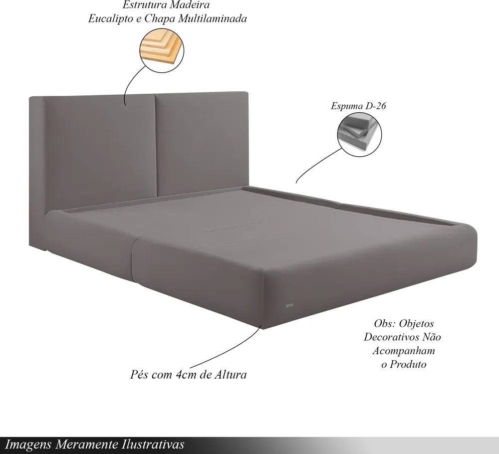 Cama com Cabeceira Elva King Base no Chão Veludo Luxo Cinza G92 - Gran Belo