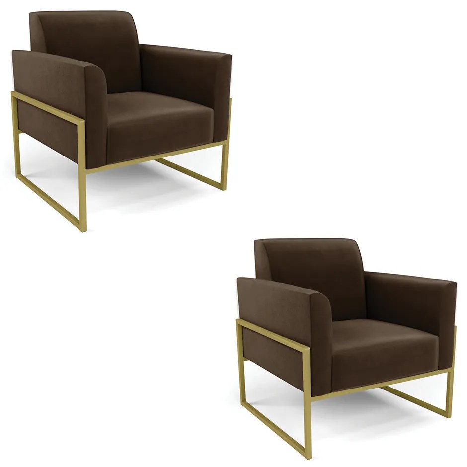 Kit 2 Poltronas Base Industrial Alta Dourado Marisa Suede - Marrom