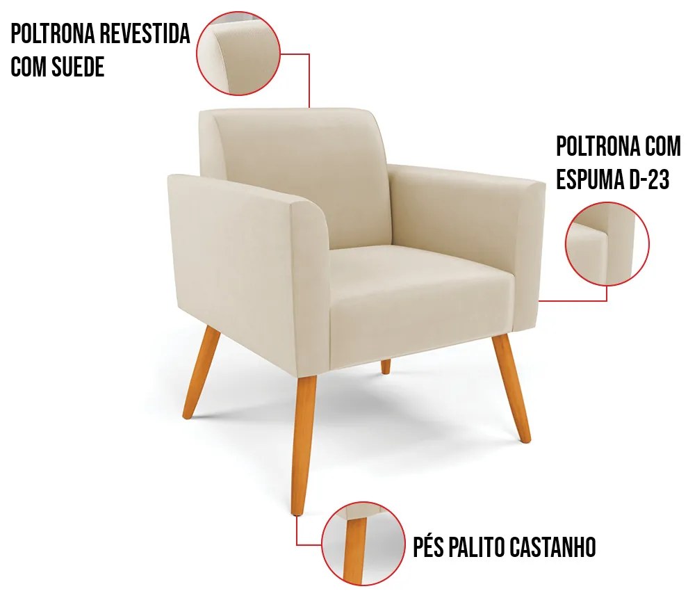 Poltrona Pés Palito Castanho Marisa Suede - Bege
