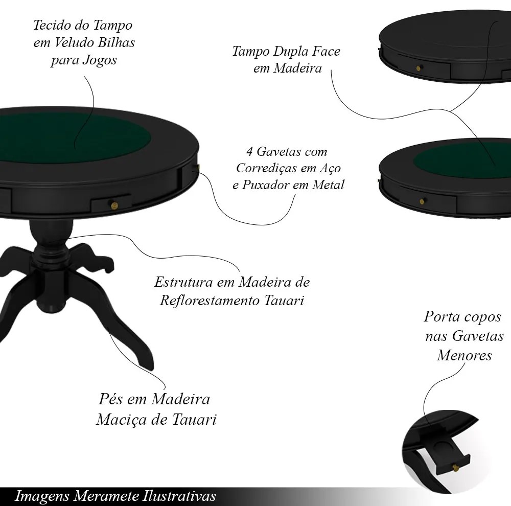 Conjunto Mesa de Jogos Carteado Bellagio Tampo Reversível e 4 Cadeiras Madeira Poker PU Caramelo/Preto G42 - Gran Belo