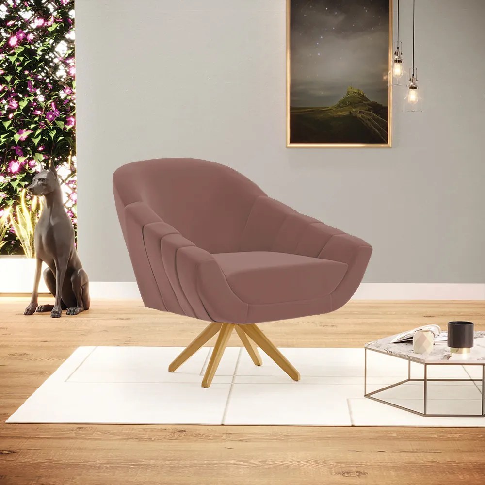 Poltrona Giratória Giovana Veludo Base Maderia MA30 D01 - D?Rossi - Rose