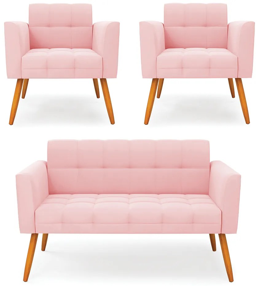 Kit 1 Sofá Namoradeira e 2 Poltronas Elisa Suede Rosa Bebê Pés Palito Castanho - D'Rossi