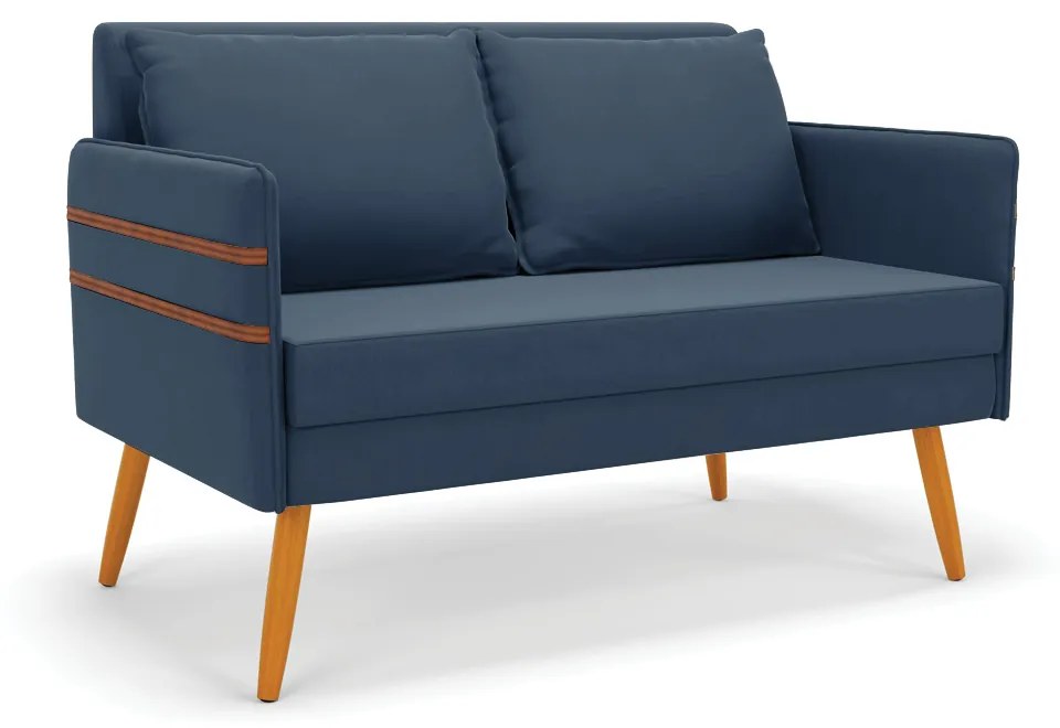 Namoradeira 02 Lugares Mari Suede Azul Marinho Pés Palito Castanho - D'Rossi