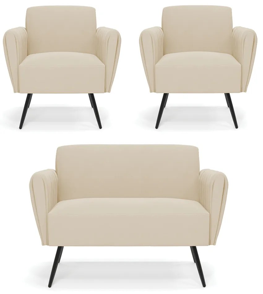 Sofá Namoradeira com 2 Poltronas Pés Palito de Ferro Bruna Suede D01 - D'Rossi - Bege