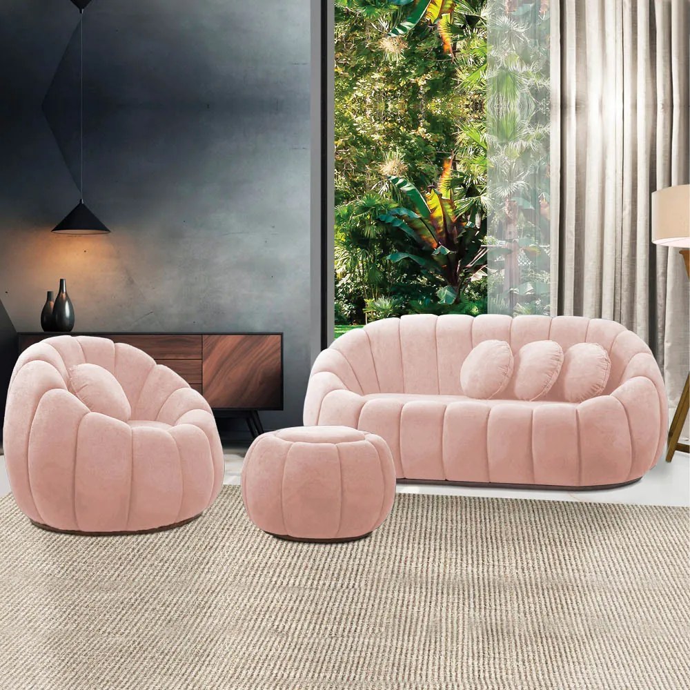 Sofá 2 Lugares com Puff e Poltrona Orgânica Fixa Cloud Bouclê E03 - D'Rossi - Rose