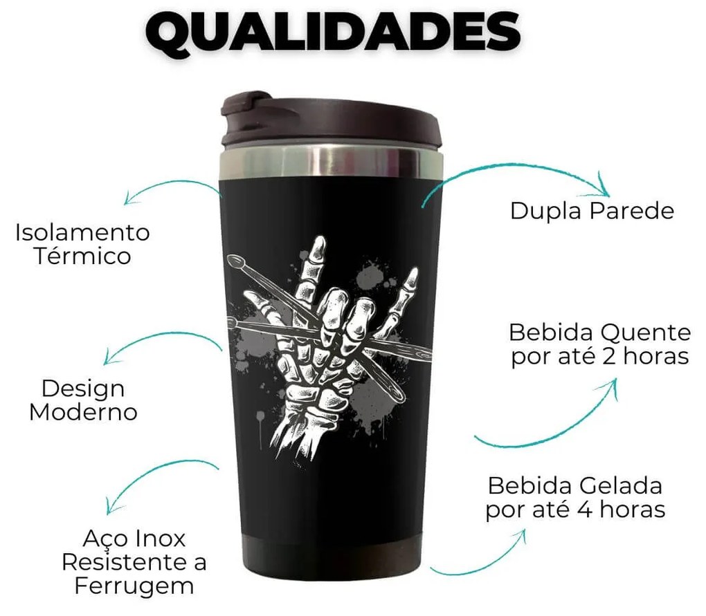 Copo Térmico 500ml Inox Caveira Rock Baquetas