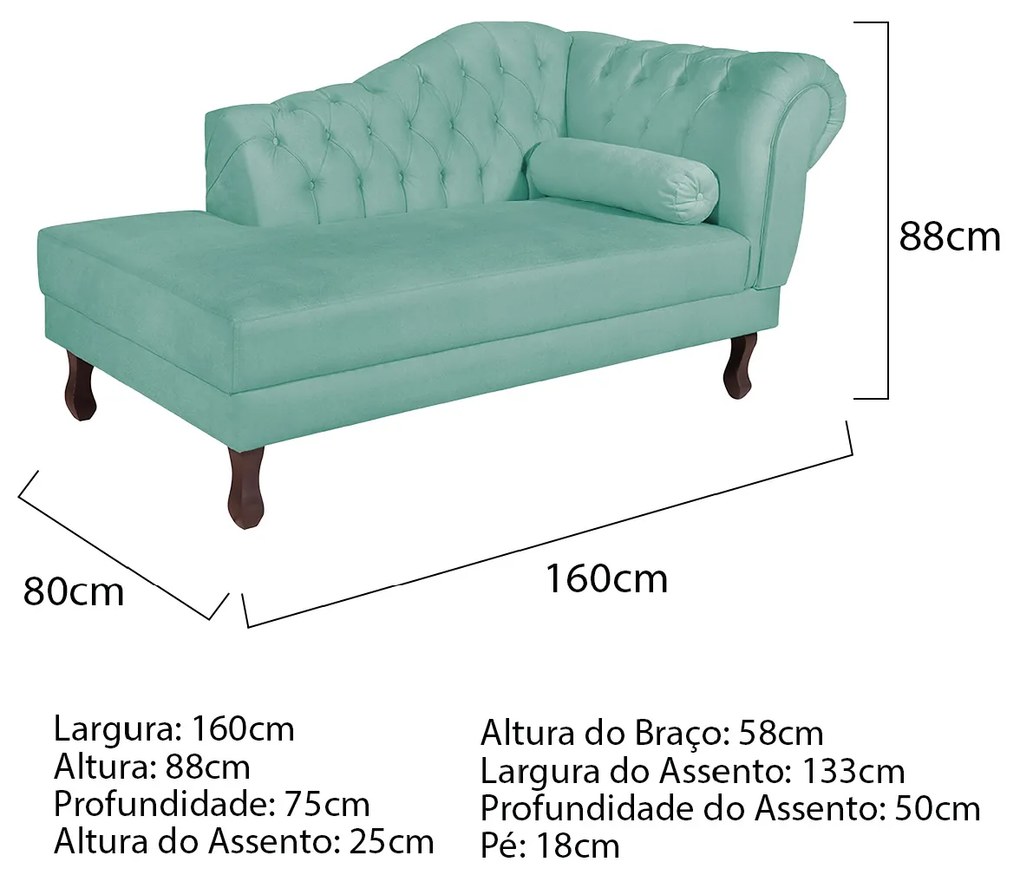 Recamier Diana 160cm Lado Esquerdo Suede Azul Tiffany - ADJ Decor