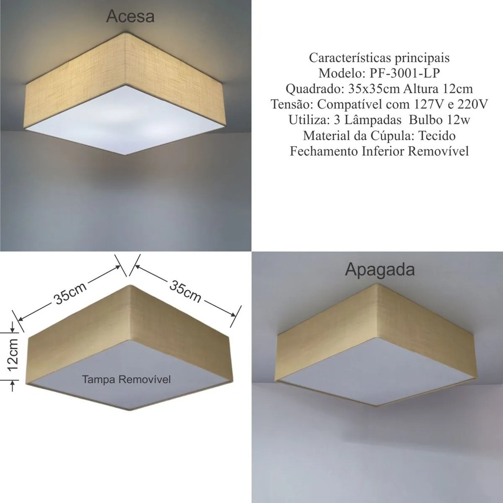 Plafon Quadrado Md-3001 Cúpula em Tecido 35x35x12cm Palha - Bivolt
