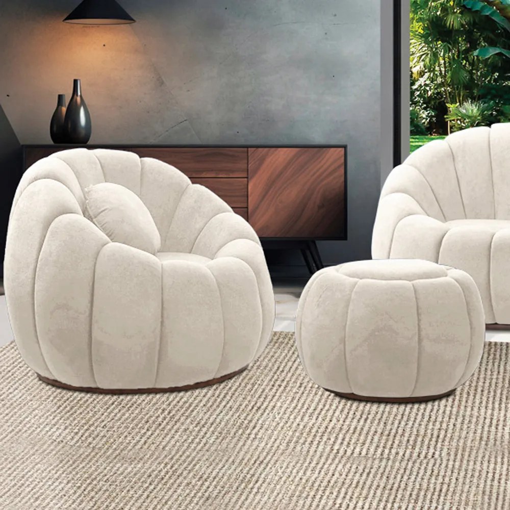 Poltrona e Puff Decorativo Orgânico Fixo Cloud Bouclê E03 - D'Rossi - Bege