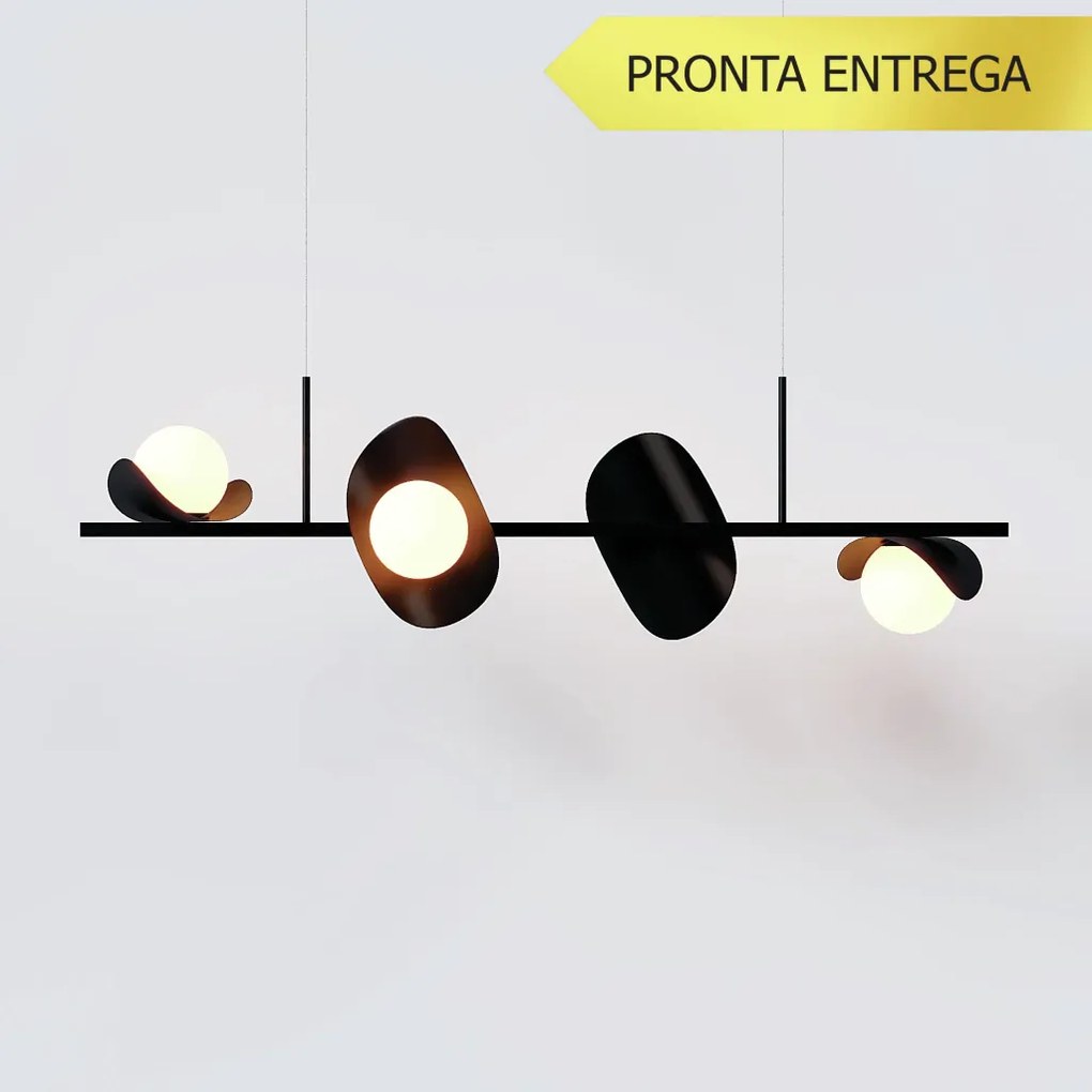 Pendente Calandra Irregular Linear 27X21X95Cm Alumínio E Globo Ø10Cm F... (PRETO / CHAMPANHE, FOSCO)