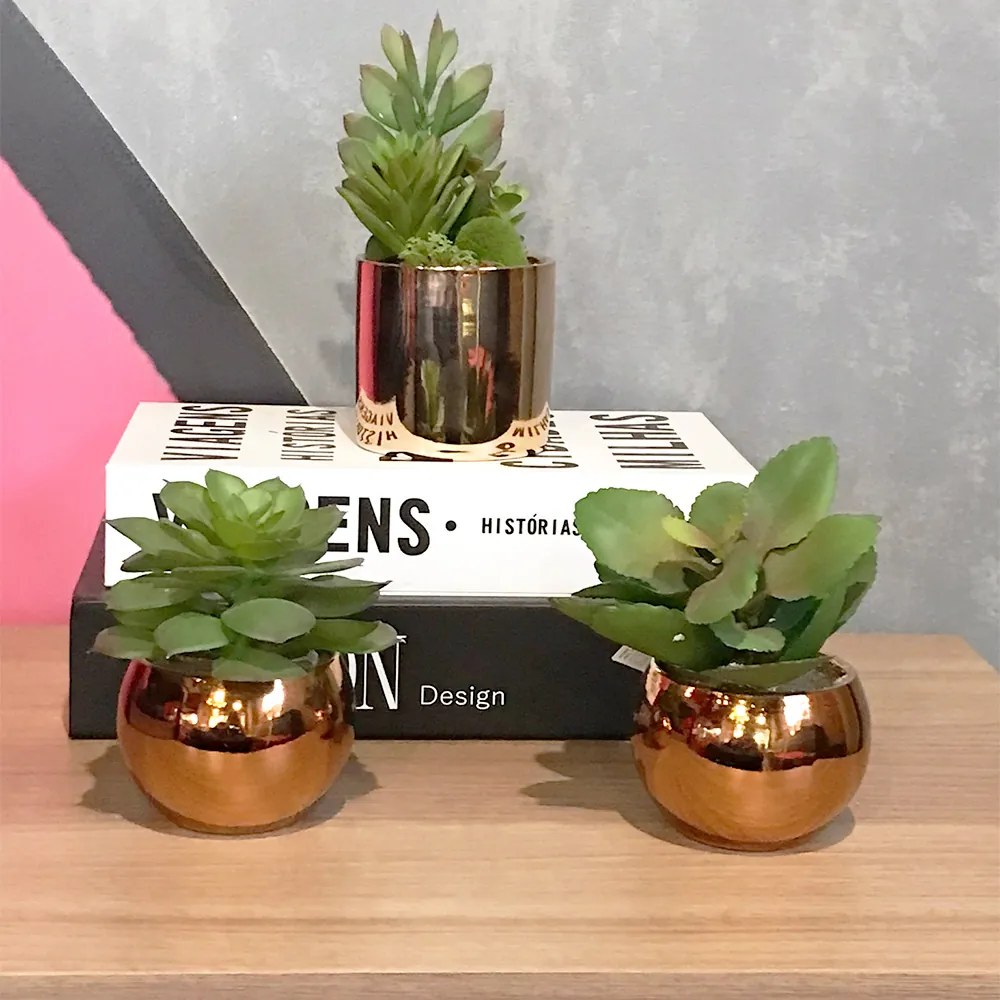 Vaso Decorativo Dourado Com Suculenta Artificial Sedum Hirsutum - D'Rossi