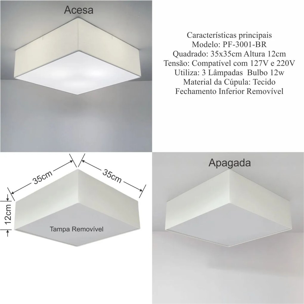Plafon Quadrado Vivare Md-3001 Cúpula em Tecido 35x35x12cm - Bivolt - Para 3 Lâmpadas Bulbo 12w Não Inclusa