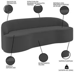 Sofá 2 Lugares para Sala de Estar Living 150cm Theo D06 Veludo Cinza -
