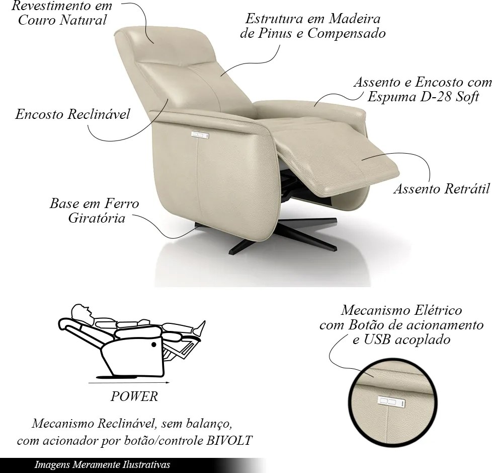 Poltrona do Papai Reclinável Power Elétrica Anakin Base Estrela Giratória USB Couro Off White G76 - Gran Belo