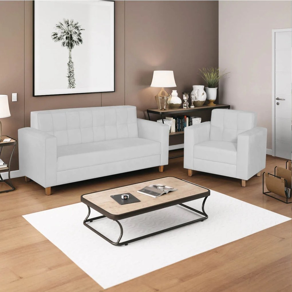 Kit Sofá 2 Lugares e 2 Poltronas Denver Suede Branco - ADJ Decor