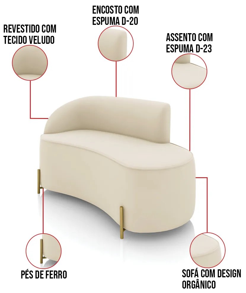 Sofá 2 Lugares Orgânico 140cm Pé Dourado Morgan Veludo D03 - D'Rossi - Bege