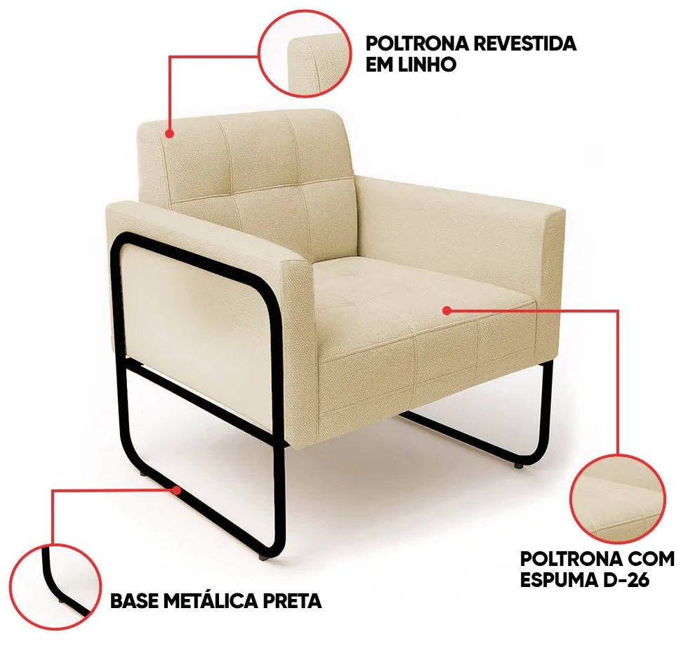 Poltrona Sala Industrial Alta Tubo Preto Kit 2 Elisa Linho D03 - D'Rossi - Bege