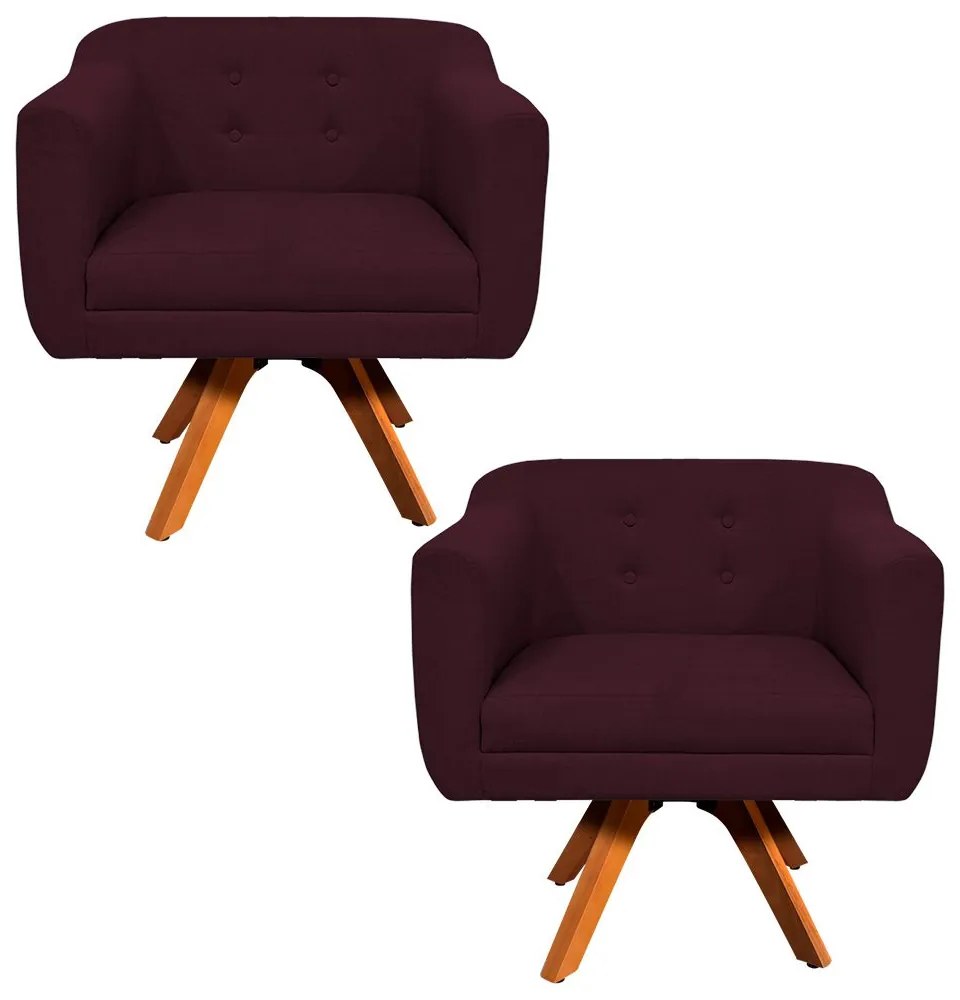 Kit 02 Poltronas Giratória Julia Linho Base Madeira MM30 D01 - D'Rossi - Vinho A50