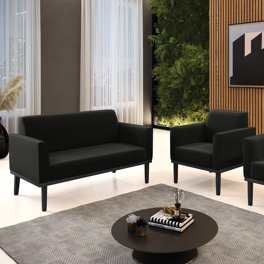 Sofá Namoradeira com Poltrona Base de Madeira Fixa Preto Marisa Suede  D03 - D'Rossi - Preto
