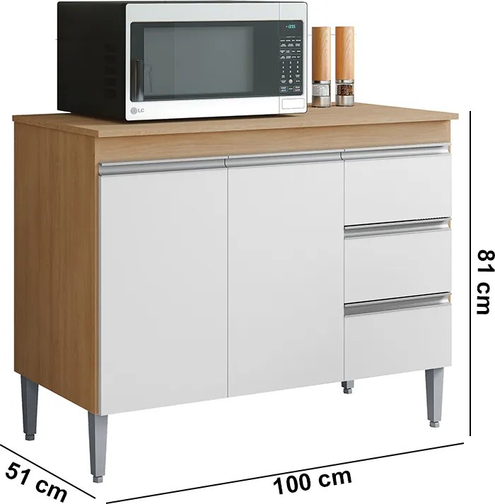 Balcão Cozinha com Tampo 100cm 3 Gavetas Leticia A01 - D'Rossi - Amendoa e Branco