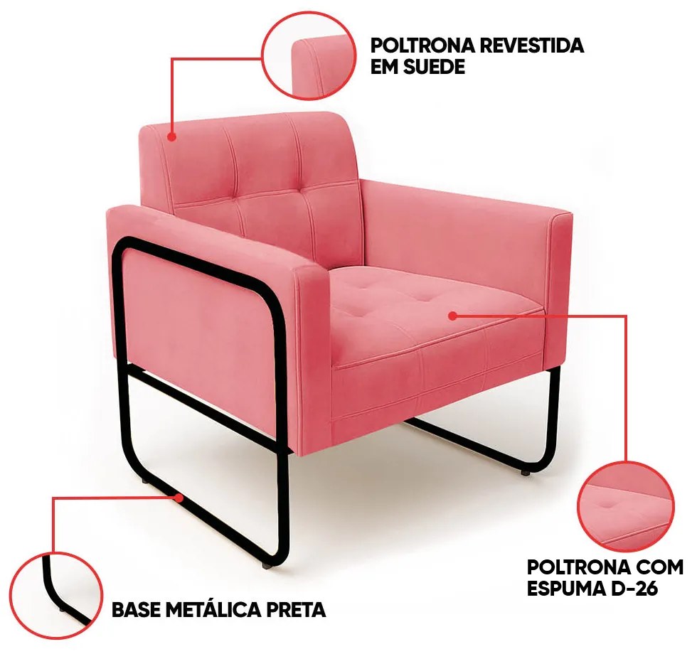 Poltrona Sala Industrial Alta Tubo Preto Elisa Suede D03 - D'Rossi - Rose