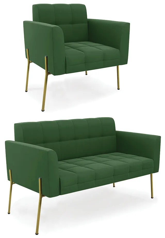 Sofá Namoradeira e Poltrona Pé de Ferro Dourado Elisa Suede D03 - D'Rossi - Verde