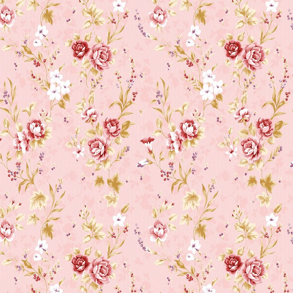 Papel de Parede Floral Listrado Rosa Vermelha Marrom e Roxo 0.52m x 3.00m