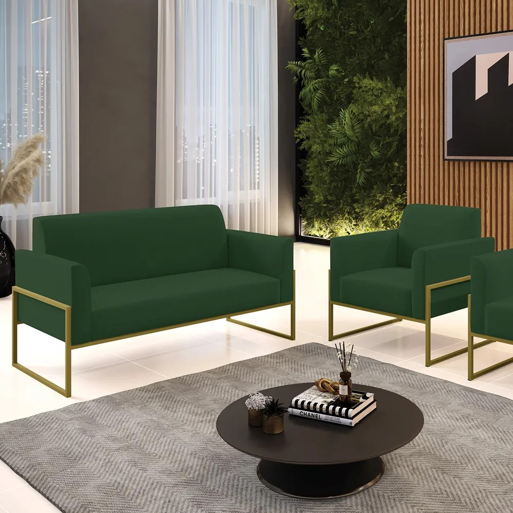 Sofá Namoradeira com Poltrona Base Industrial Alta Dourado Marisa Veludo D03 - DRossi - Verde