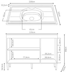 Balcão de Cozinha com Pia Inox 120cm 3 Portas 2 Gavetas Livy Z46 Damas