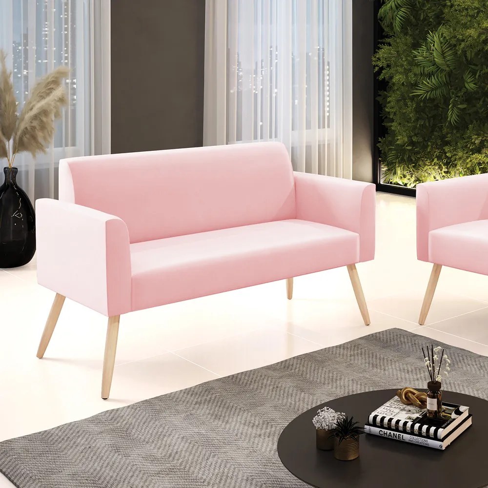 Sofá Namoradeira Pés Palito Natural Marisa Suede D03 - D'Rossi - Rosa Bebê