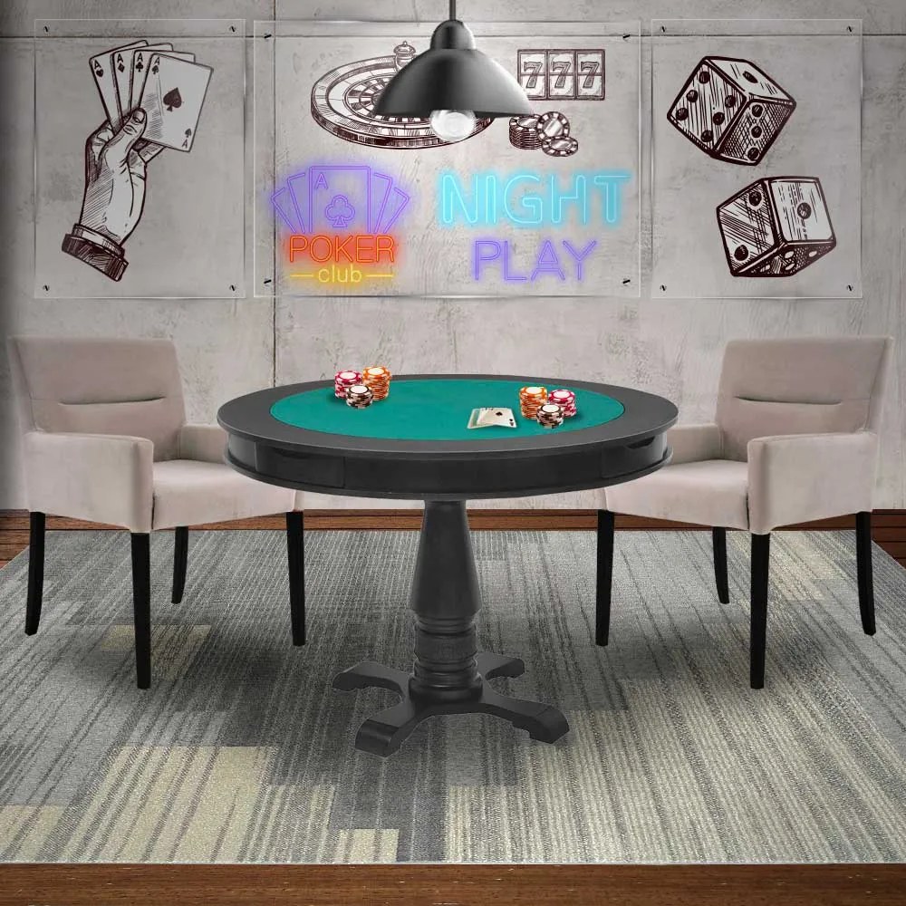 Mesa de Jogos Carteado Victoria Redonda Tampo Reversível Preto com 2 Cadeiras Vicenza Suede Nude G36 G15 - Gran Belo