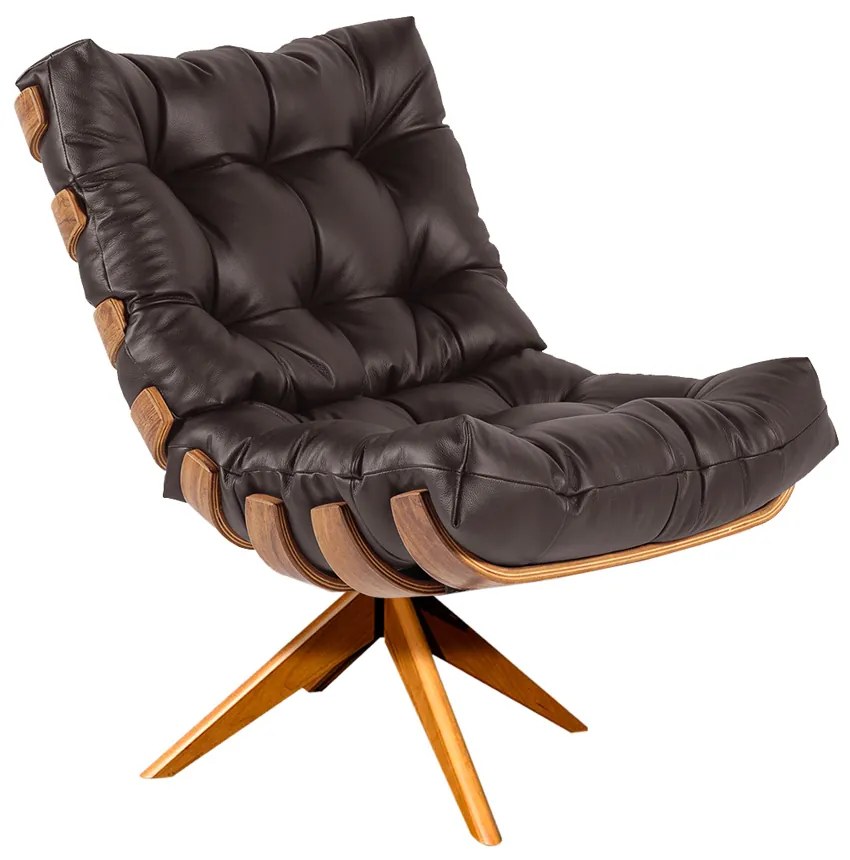 Poltrona com Puff Giratório Costela Couro Marrom Base de Madeira MM30 M11 - D'Rossi