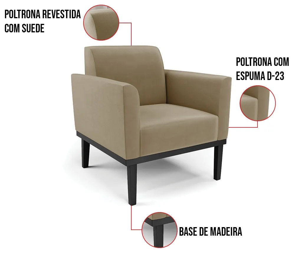 Kit 2 Poltronas Base de Madeira Fixa Preto Marisa Suede D03 - D'Rossi - Marrom Rato