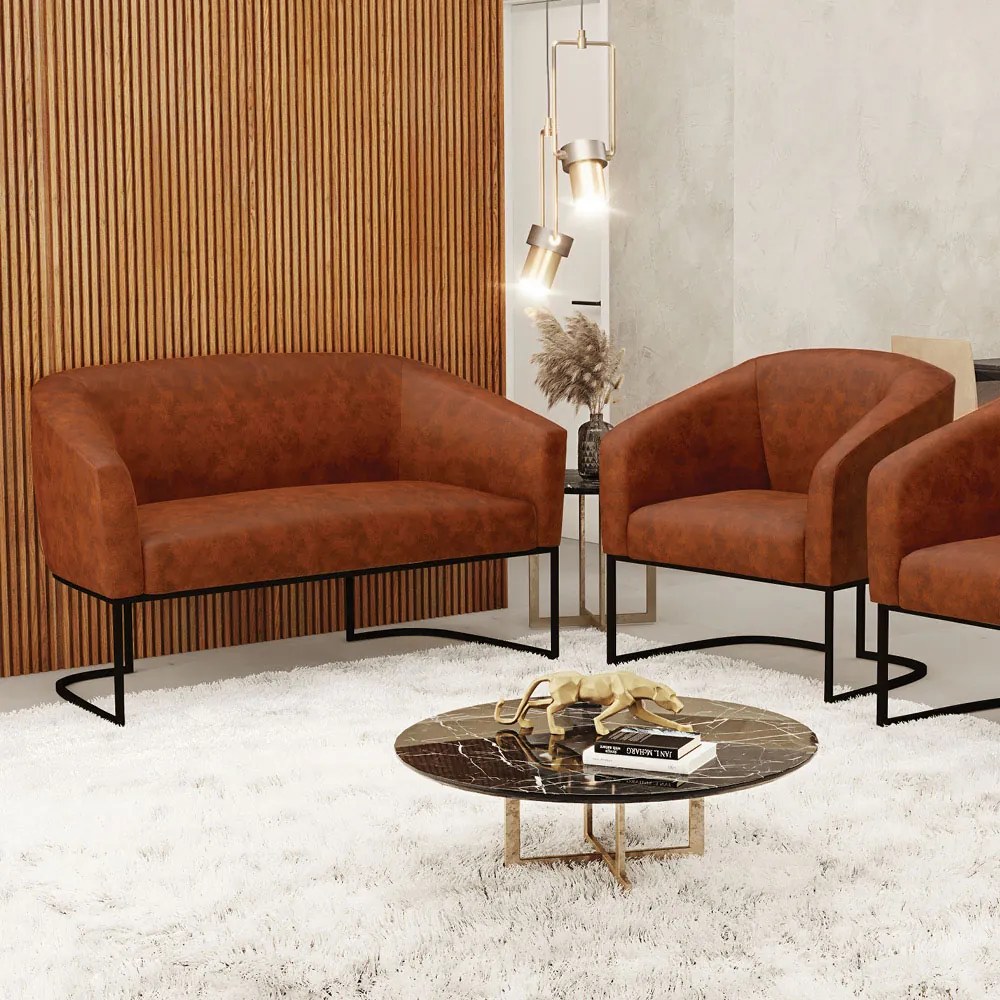 Sofá Namoradeira e Poltrona Base Industrial Preto Stella Corano D03 - D´Rossi - Nozes