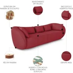 Sofá 4 Lugares 292cm Orgânico Pé Madeira Yume Veludo Bordo Z55 - Mpoze