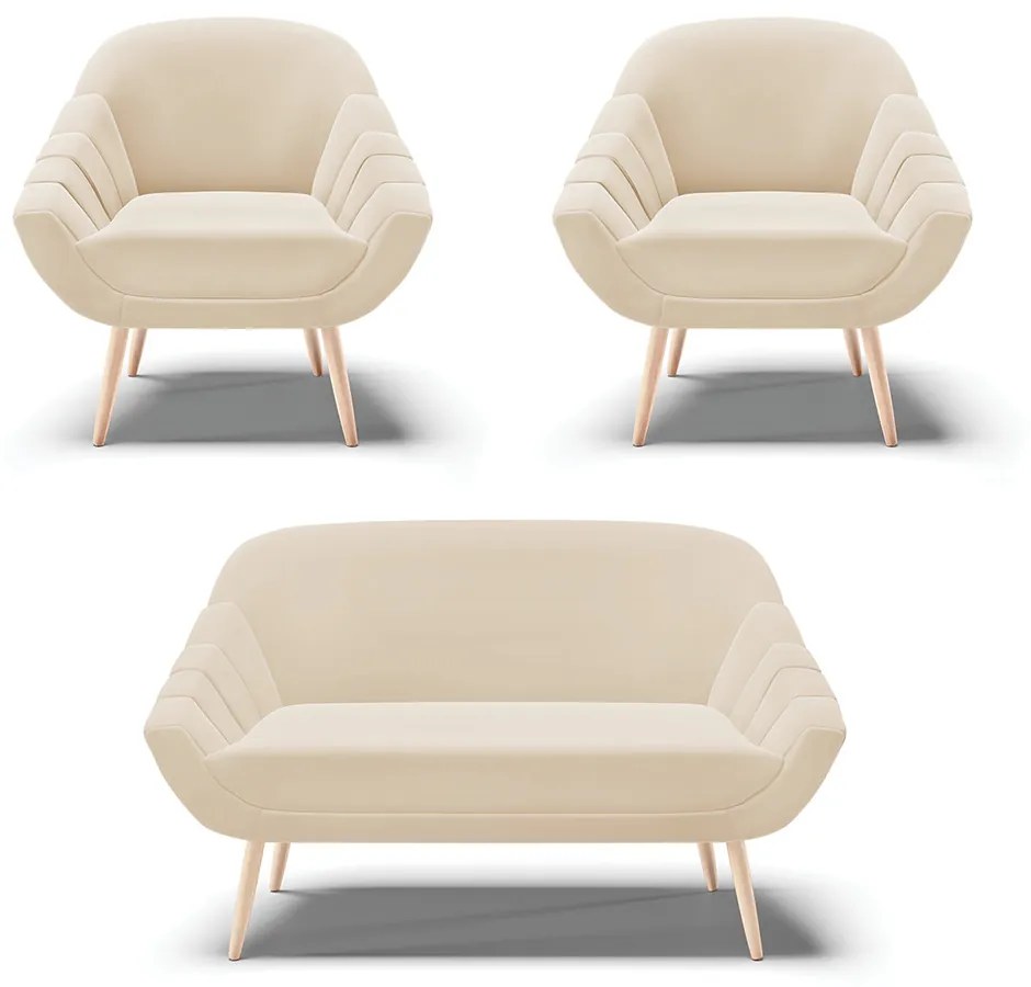 Kit 01 Namoradeira 02 Lugares e 02 Poltronas Giovana Suede Bege Pés Palito Natural - D'Rossi