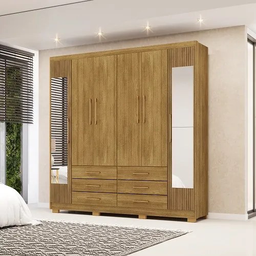 Guarda Roupa Com Espelho Canadá 6 Portas e 6 Gavetas Nature/Brisa - Vila Rica Móveis