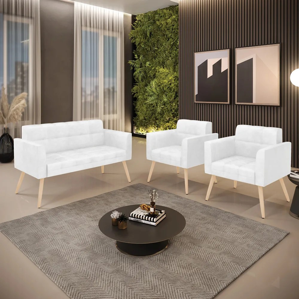 Kit 1 Sofá Namoradeira e 2 Poltronas Elisa Corano Pés Palito Natural - D'Rossi - Branco