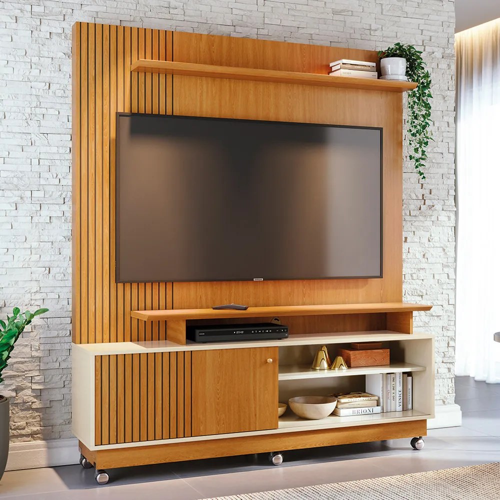 Estante de TV 65 Pol 160cm com Rodízio para Sala Quirel Cinamomo/Off White M20 - D'Rossi