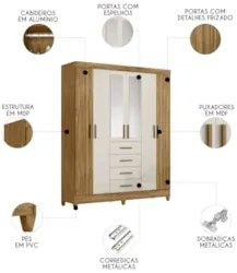 Guarda Roupa Casal 165cm Com Espelho Khani Freijó/Off Z17    - Mpozena