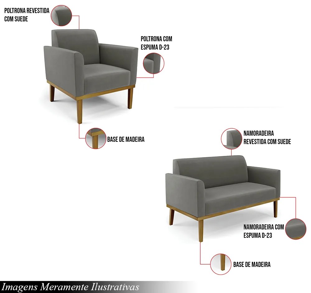Conjunto Poltrona e Namoradeira Decorativa Isabella Pés Fixo em Madeira Castanho Suede Grafite G19 - Gran Belo