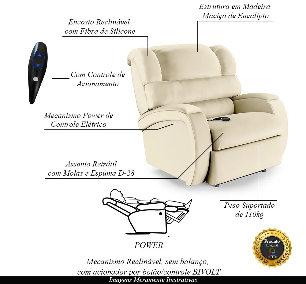 Poltrona do Papai Sala de Cinema Reclinável Kylie Controle Power Elétrico PU Bege G23