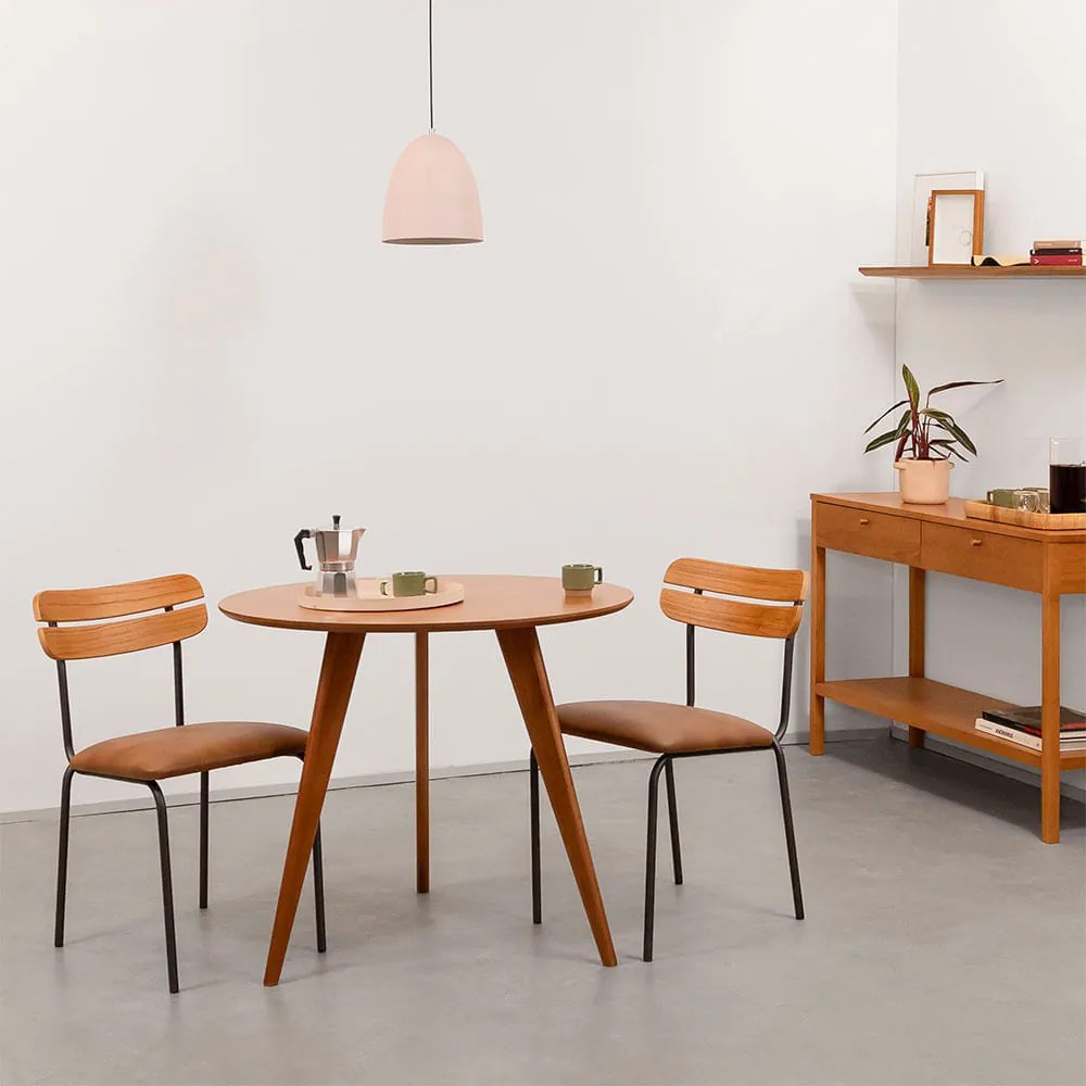 Conjunto Mesa de Jantar Square Tripé Redonda 88cm Louro Freijó + 2 Cadeiras Ribs PU Caramelo