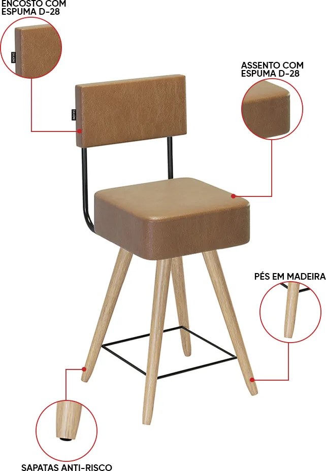 Banqueta Baixa Cozinha 50cm Encosto Pé Madeira Kit 2 Barcelona Pu S02 - D'Rossi - Caramelo